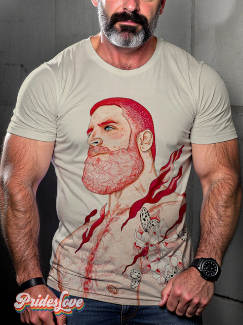 Men’s Retro Gay Beard Muscle Flower Red LGBT Print T-shirt Multicolor / S