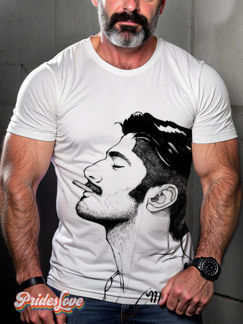 Men’s Retro Gay Beard Side Face Line Smoking LGBT Printed T-shirt Multicolor / S