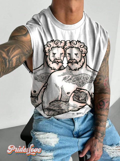 Men’s Retro Gay Beard Simple Body Hair Embrace Lgbt Printed Wide Shoulder Vest Colorful / S