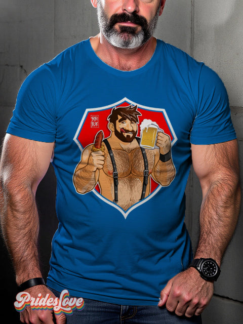 Men’s Retro Gay Beer Bib Sausage Body Hair Suggestive LGBT Print T-Shirt Multicolor / S