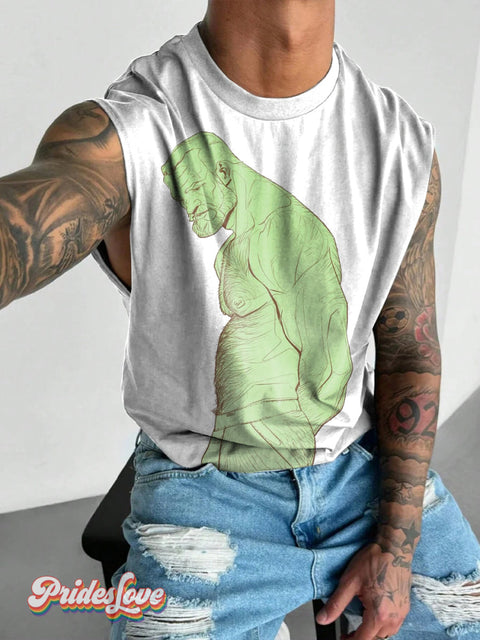 Men’s Retro Gay Body Hair Nude Side LGBT Print Wide Shoulder Tank Top Multicolor / S