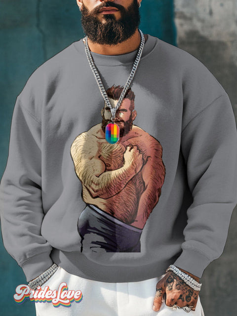 Men’s Retro Gay Body Hair Touching Chest And Dick Half Naked Lgbt Printed Casual Sweatshirt