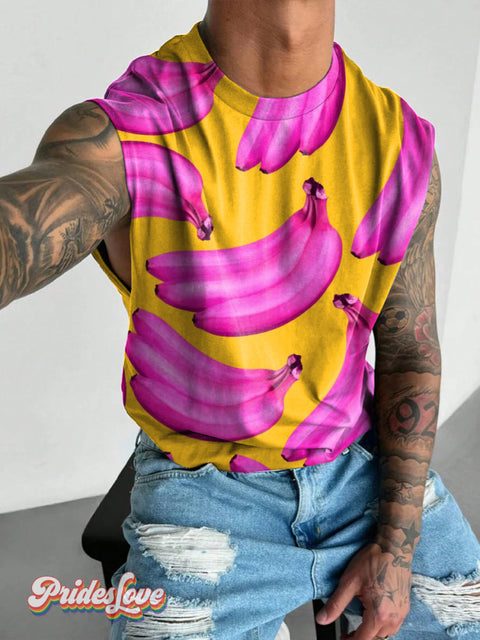 Men’s Retro Gay Bright Color Banana Stacked LGBT Print Wide Shoulder Vest Multicolor / S