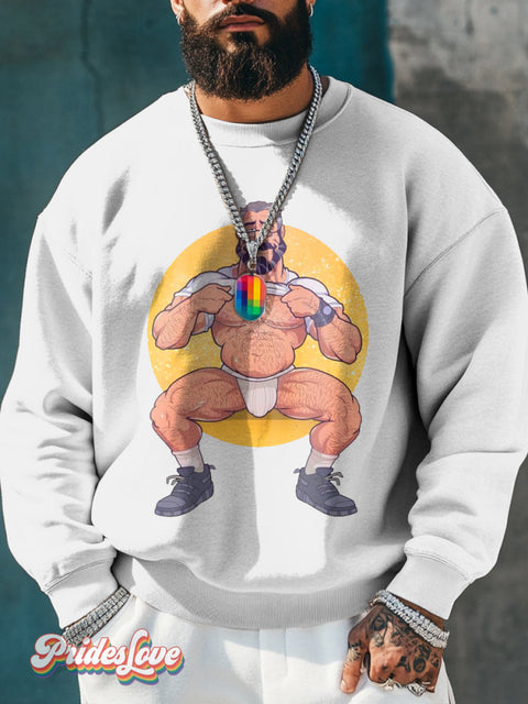 Men’s Retro Gay Cartoon Open Clothes Underwear Body Hair Lgbt Printed Casual Sweatshirt
