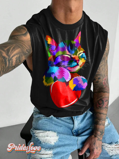 Men’s Retro Gay Cat Love Color Texture LGBT Wide Shoulder Vest Multicolor / S