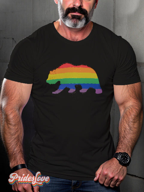 Men’s Retro Gay Colorful Striped Stuffed Bear Lgbt Print T-Shirt Multicolor / S