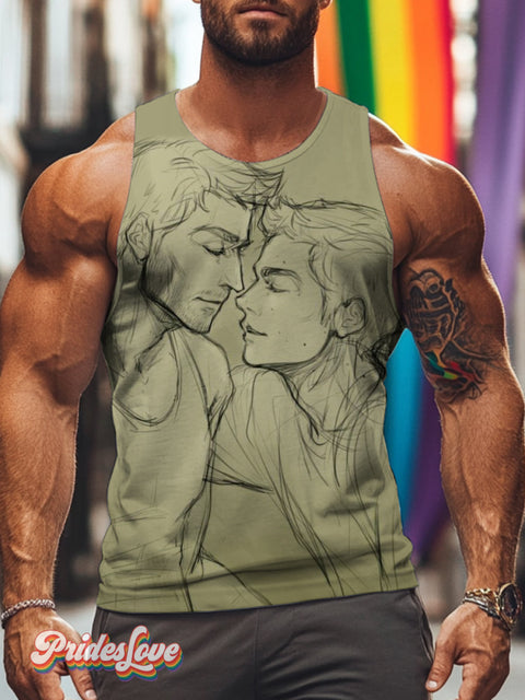 Men’s Retro Gay Couple Intimate Line LGBT Printed Vest Multicolor / S