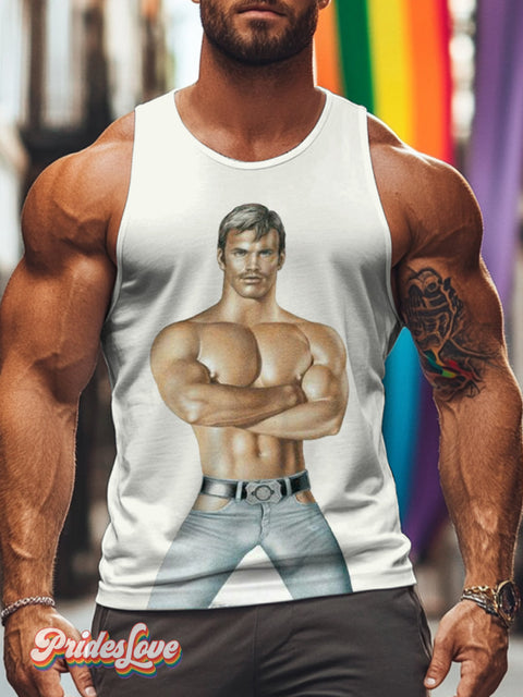Men’s Retro Gay Distressed Three-Dimensional Half-Nude Muscle Tights Vest Multicolor / S