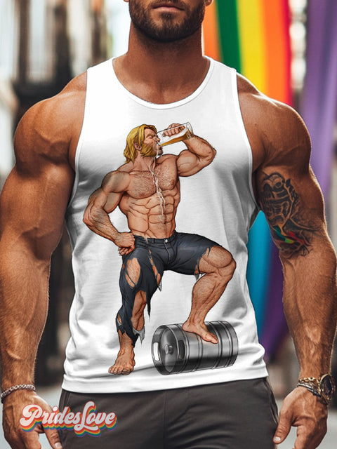 Men’s Retro Gay Drinking Water Muscle Macho Lgbt Printed Tank Top Multicolor / S