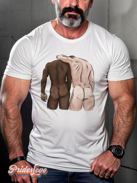 Men’s Retro Gay Ethnic Naked Embrace Lgbt Printed Casual T-Shirt Multicolor / S