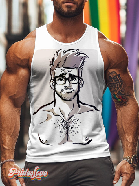 Men’s Retro Gay Eyes Beard Muscle LGBT Printed Vest Multicolor / S