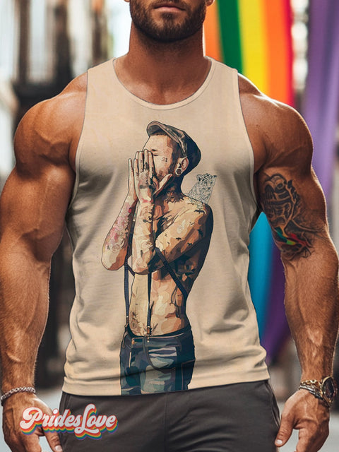 Men’s Retro Gay Face Tattoo Oil Painting LGBT Printed Vest Multicolor / S