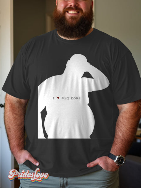 Men’s Retro Gay Fat Man Silhouette I Love Big Boys Slogan Lgbt Print Casual T-Shirt