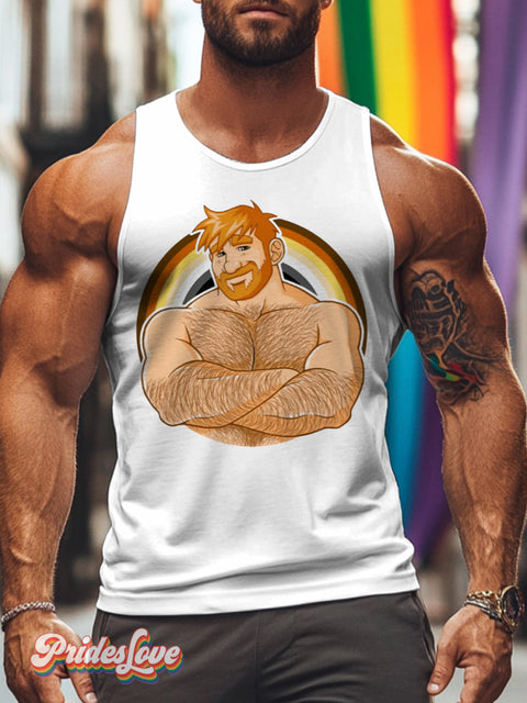 Men’s Retro Gay Fist Body Hair Smile Beard Ring LGBT Print Vest Multicolor / S