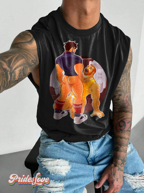 Men’s Retro Gay Half Naked Oral Sex LGBT Printed Wide Shoulder Vest Multicolor / S