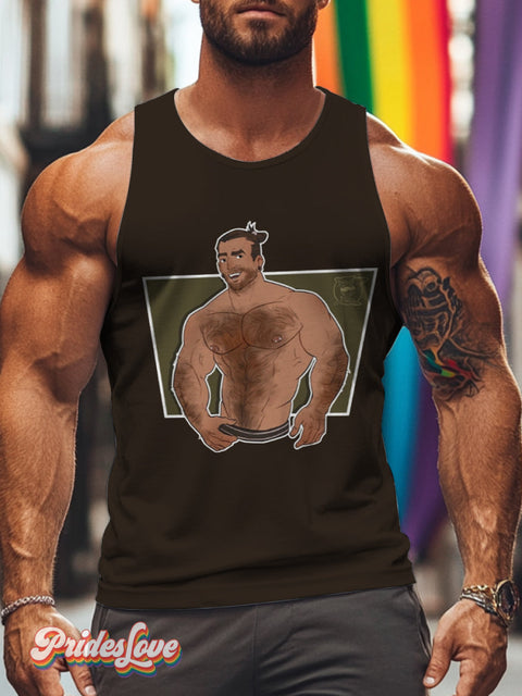 Men’s Retro Gay Half Naked Underwear Body Hair Color Block Background LGBT Printed Vest Multicolor / S