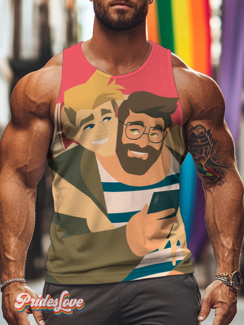Men’s Retro Gay Hug and Smile Graphic LGBT Print Tank Top Multicolor / S