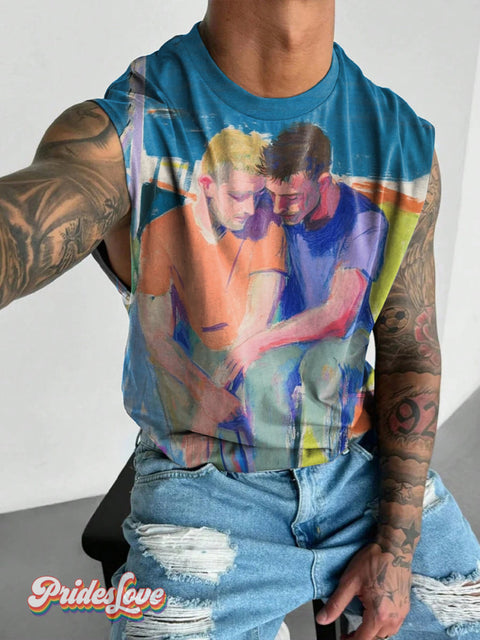 Men’s Retro Gay Hug Oil Painting Texture Lgbt Print Wide Shoulder Vest Colorful / S