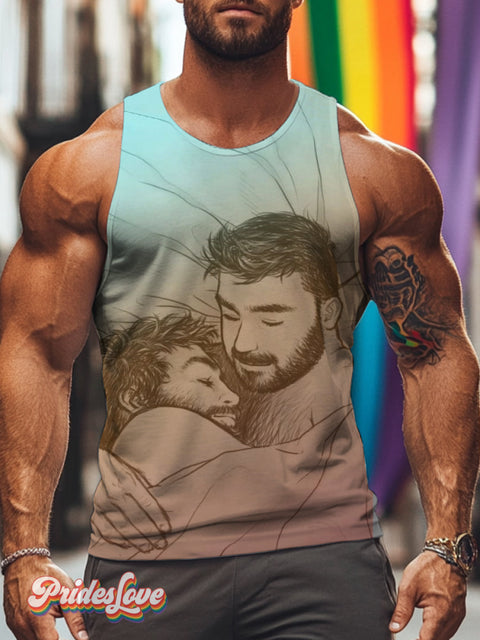 Men’s Retro Gay Hug Sleep Intimate LGBT Printed Casual Sleeveless Vest Multicolor / S
