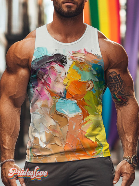 Men’s Retro Gay Impasto Oil Painting Kissing Intimate LGBT Printed Tank Top Multicolor / S