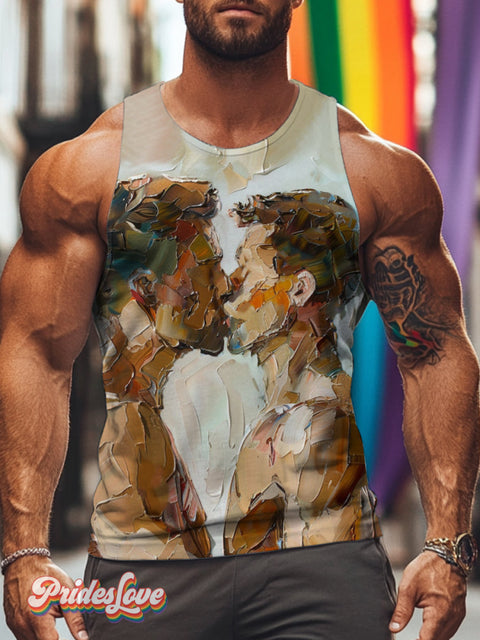 Men’s Retro Gay Impasto Oil Painting Kissing Intimate LGBT Printed Tank Top Multicolor / S