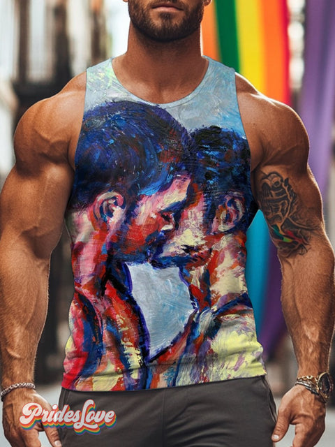 Men’s Retro Gay Kissing Hug Oil Painting Lgbt Printed Vest Multicolor / S