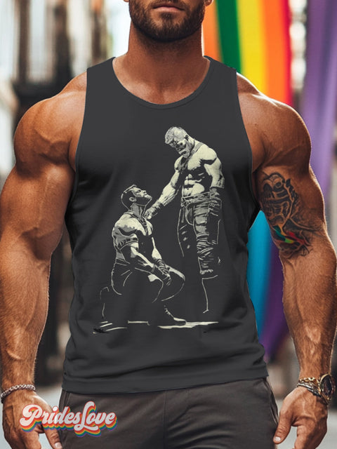 Men’s Retro Gay Kneeling Head Muscle Shadow Staring LGBT Print Tights Vest Multicolor / S