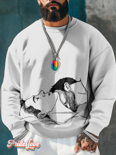 Men’s Retro Gay Line Beard Kissing Neck Lgbt Printed Casual Sweatshirt Multicolor / S
