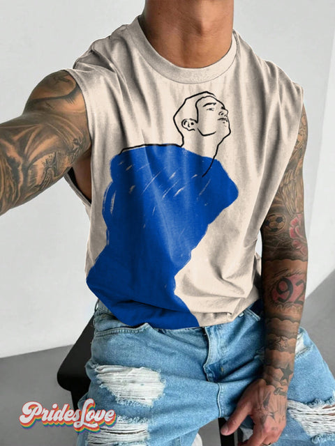 Men’s Retro Gay Line Texture Blue Body Suggestive Lgbt Printed Wide Shoulder Vest Colorful / S