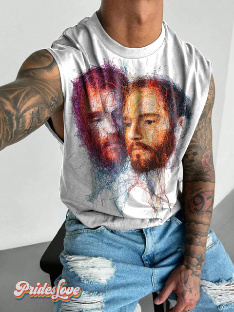 Men’s Retro Gay Lines Messy Head Texture Lgbt Print Wide Shoulder Vest Colorful / S
