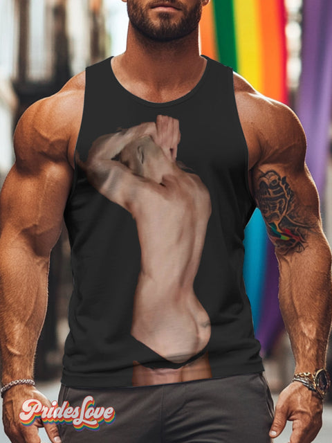 Men’s Retro Gay Man Holding His Head And Exposing His Buttocks Naked Back Facing Lgbt Printed Vest Multicolor / S