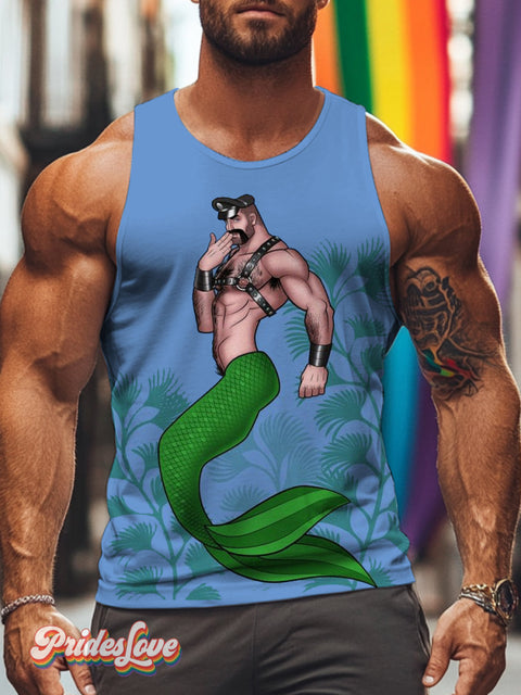Men’s Retro Gay Mermaid Uniform Muscle LGBT Printed Tank Top Multicolor / S