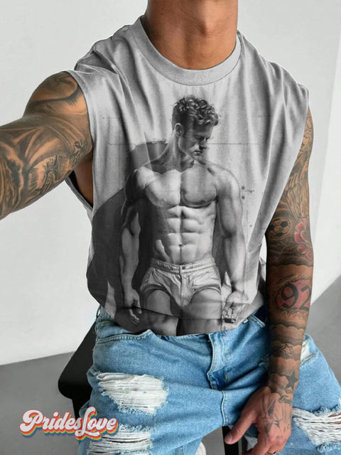 Men’s Retro Gay Muscle 3D Grayscale LGBT Printed Wide Shoulder Vest Multicolor / S