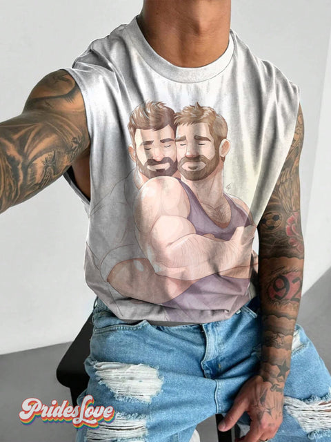 Men’s Retro Gay Muscle Beard Ambiguous LGBT Printed Wide Shoulder Vest Multicolor / S