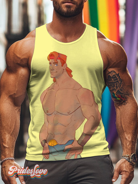 Men’s Retro Gay Muscle Chest Half Naked LGBT Print Tank Top Multicolor / S