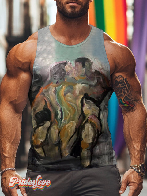 Men’s Retro Gay Muscle Hug Kiss Distorted Oil Painting Texture Lgbt Printed Tank Top Multicolor / S