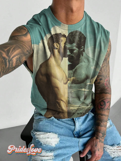 Men’s Retro Gay Muscle Intimate Contact Oil Painting Lgbt Printed Wide Shoulder Vest Colorful / S