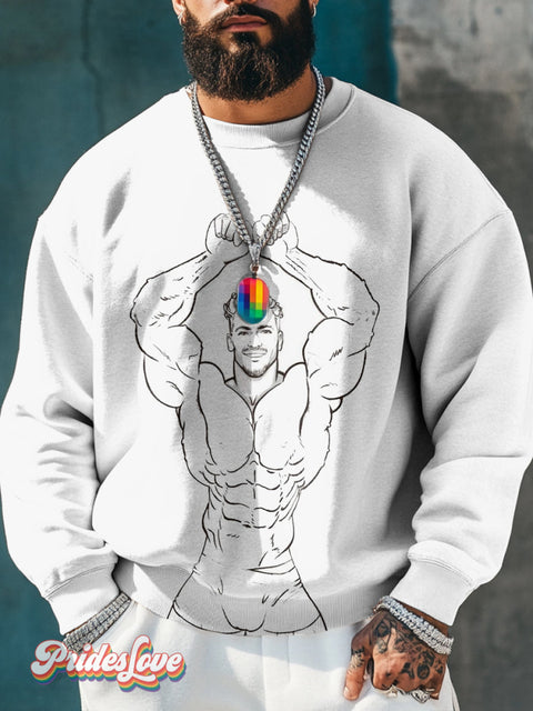 Men’s Retro Gay Muscle Line Raising Hands Lgbt Print Casual Sweatshirt