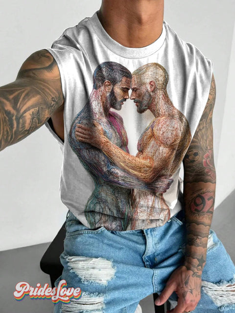 Men’s Retro Gay Muscle Lines Messy Texture Oil Painting Lgbt Printed Wide Shoulder Vest Colorful / S