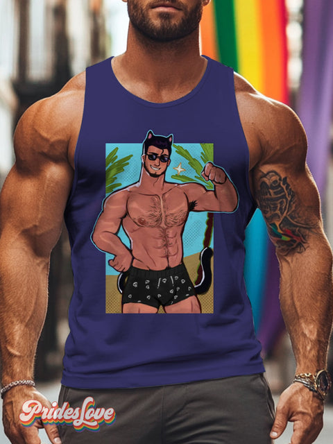 Men’s Retro Gay Muscle Summer Cute Cat Ears Tail LGBT Vest Multicolor / S