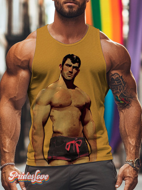 Men’s Retro Gay Muscle Topless Shorts Oil Painting LGBT Printed Vest Multicolor / S