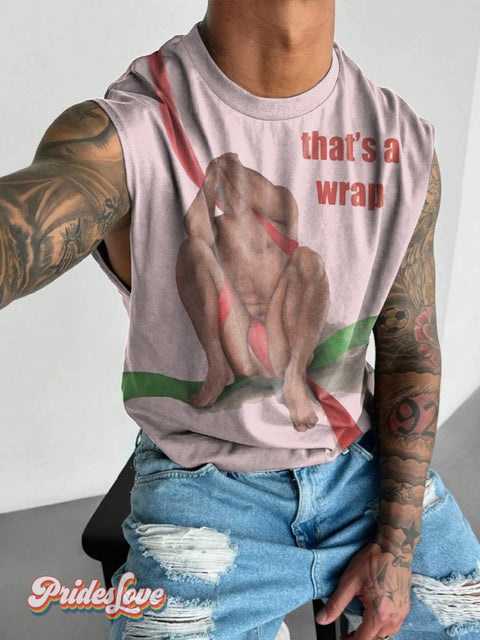 Men’s Retro Gay Naked Face Covering Ribbon LGBT Printed Wide Shoulder Vest Multicolor / S