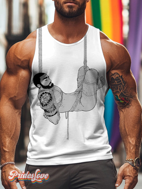 Men’s Retro Gay Naked Tattooed Tied Up Wearing Lgbt Printed Tank Top Multicolor / S