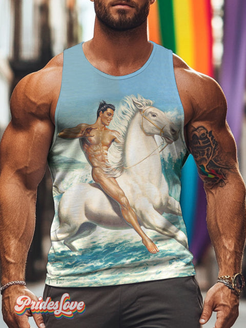 Men’s Retro Gay Nude White Horse LGBT Print Tank Top Multicolor / S