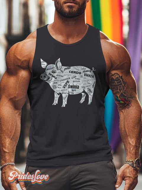 Men’s Retro Gay Pig Slogans in Various Languages LGBT Printed Leggings Vest Multicolor / S