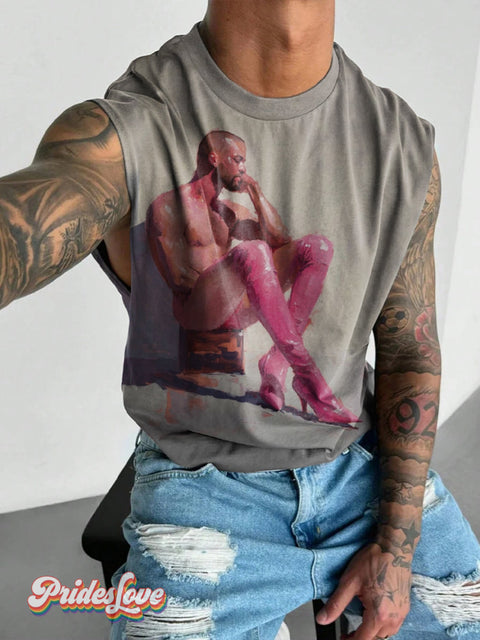 Men’s Retro Gay Pink High Heel Boots Nude LGBT Printed Wide Shoulder Tank Top Multicolor / S