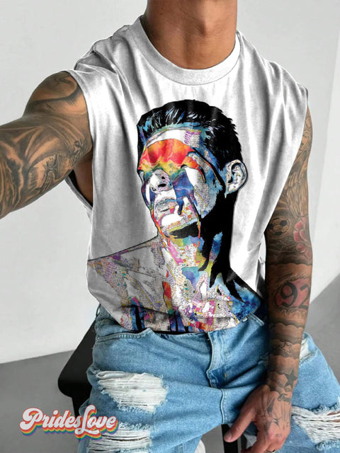 Men’s Retro Gay Portrait Rainbow Liquid Fluid Low Confusing Lgbt Print Wide Shoulder Vest