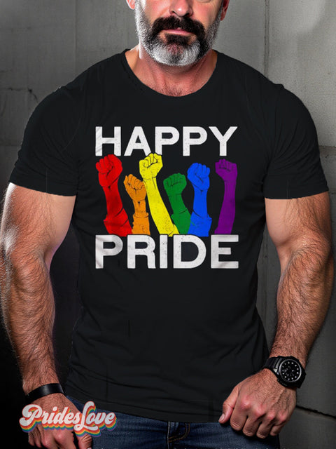 Men’s Retro Gay Rainbow Arm Happy Pride Print Casual 100% Cotton T-Shirt Multicolor / S