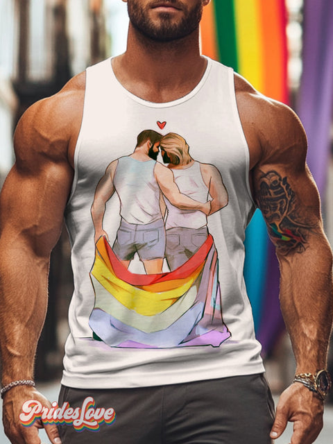 Men’s Retro Gay Rainbow Flag Hug LGBT Print Tank Top Multicolor / S