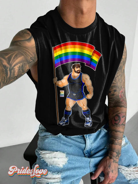 Men’s Retro Gay Rainbow Flag Muscle Tank Top LGBT Print Wide Shoulder Tank Top Multicolor / S